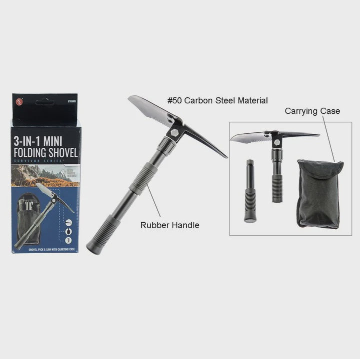 3-in-1 Mini Folding Shovel with Pick, Saw and Carrying Case